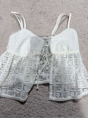 aerie White Lace Lace-Up Peplum Cami